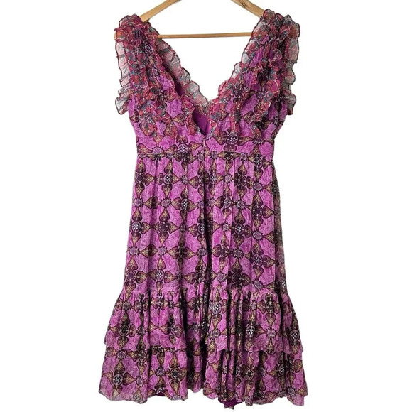 Walter 100% Silk Babydoll Dress Sz 4 Purple Ruffle Tiered Empire Waist Romantic - Picture 2 of 15